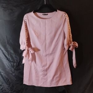 SHEIN Pink Mini Dress with Pearl Sleeve Details